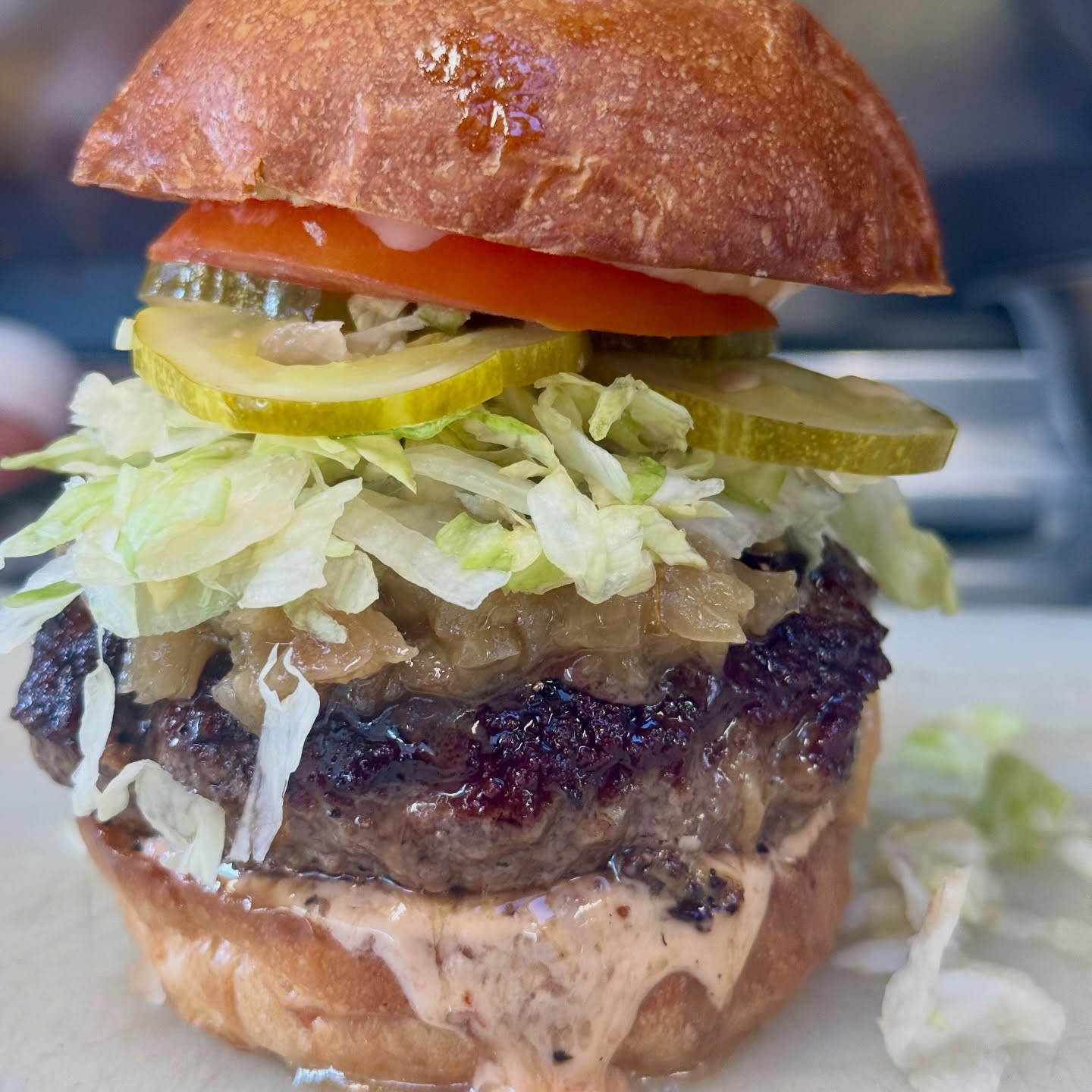 Premium smash burger on toasted brioche
